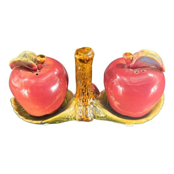 Whimsical Apple Fruit Salt And Pepper Shaker Set On Tree Stand Ceramic Set 2 - Picture 16 of 16